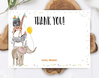 Editable Party Animals Thank You Card Note Wild One Safari Animals Boy Confetti Balloon Jungle Zoo Download Printable Corjl Template 0142