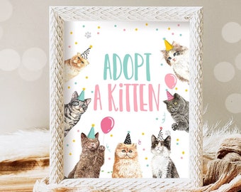 Letrero de cumpleaños con la frase "Adopte un gatito", decoración de mesa, fiesta de gatos, cumpleaños de gatitos, letrero de adopción de gatitos, decoración de Pawty, letrero de mesa Pawty, descarga imprimible 0384