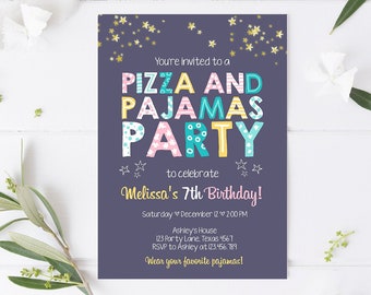 Editable Pizza and Pajamas Birthday Invitation Movie Night Birthday Party Girl Pink Download Printable Corjl Template Digital Printable 0218