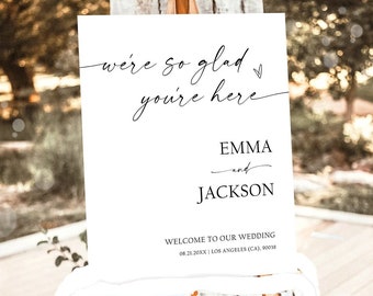 We're So Glad You're Here Minimalist Wedding Welcome Sign Boho Rustic Modern Calligraphy Welcome Poster Digital Template Printable 0493