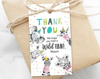 Editable Party Animals Favor Tags Boy Wild One Safari Animals Thank You Tags Zoo Birthday Wild Time Gift Tag Digital Corjl Template 0390