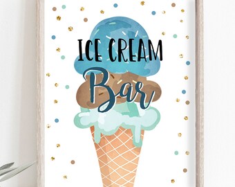 Ice Cream Bar Sign Ice Cream Social Birthday Ice Cream Party Sign Ice Cream Table Sign Boy Blue Mint Brown Instant Download Printable 0243