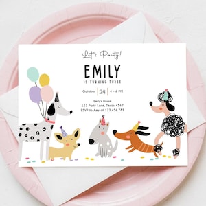 Invitación editable para fiesta de cumpleaños de perro, invitación de cumpleaños de cachorro, cumpleaños de niña rosa, animal, mascota, veterinario, descarga la plantilla imprimible Corjl 0429