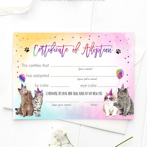 Pet Adoption Certificate Cat Adoption Cat Birthday Party Adopt A Cat Girl Pink Pawty Kitten Adoption Instant Download Digital PRINTABLE 0460