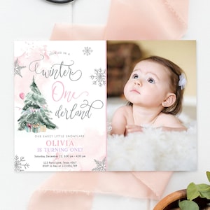 Editable Winter ONEderland Birthday Invitation First Birthday 1st Girl Pink Snow Watercolor Tree Christmas Snowflake Corjl Template 0363