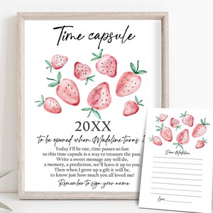 Editable Time Capsule Strawberry First Birthday Party Strawberry Decorations Berry Sweet Party Girl Pink Digital Template Printable 0399