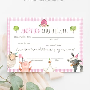 Adopt an Animal Adoption Certificate Farm Animals Adoption Pink Farm Birthday Party Barnyard Birthday Girl Download Digital PRINTABLE 0155