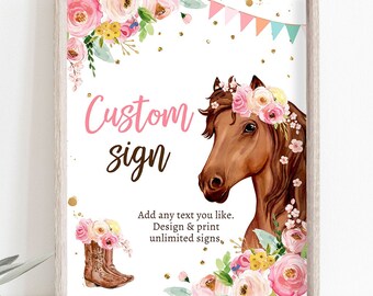 Editable Horse Custom Birthday Party Sign Saddle Up Cowgirl Party Sign Pink Horse Floral Girl Table Sign Digital Template Printable 0408