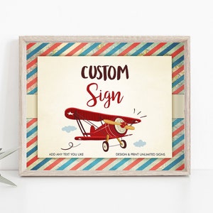 Editable Airplane Custom Sign Travel Adventure Baby Shower Birthday Sign Vintage Red Airplane Boy Pilot 8x10 Download PRINTABLE Corjl 0011 image 1