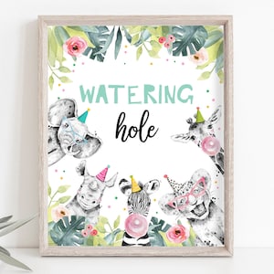 Placa de aniversário "Bebedouro" para decoração de mesa de bebidas, tema safari, animais selvagens, festa para menina, placa de mesa com animais, arquivo digital para impressão 0322