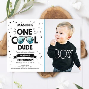 Editable One Cool Dude 1st Birthday Invitation Boy First Birthday Party Sunglasses Palm Tropical Pool Cool One Printable Corjl Template 0136