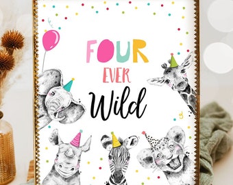 Four Ever Wild Birthday Sign Party Fourth Birthday 4th Safari Animals Party Animals Zoo Girl Pink Decor Digital Download Printable 0390