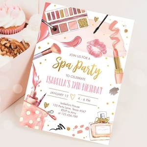 Editable Spa Makeup Birthday Invitation Glam Party Girl Birthday Tween Spa Party Pink Gold Digital Download Evite Template Printable 0420