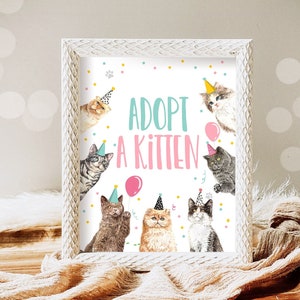Adopt a Kitten Birthday Sign Table Decor Cat Party Kitty Birthday Kitten Adoption Sign Pawty Decor Pawty Table Sign Download Printable 0384