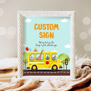 Panneau personnalisé modifiable, décoration de fête d'anniversaire d'autobus scolaire, bus jaune, salle de classe, animaux de la fête, modèle en téléchargement numérique, imprimable 0325