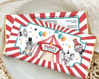 Editable Circus Chocolate Bar Labels Carnival Candy Bar Wrapper Circus Birthday Party Carnival Park Digital Download Template Printable 0355