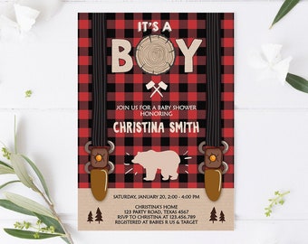 Editable Lumberjack Baby Shower Invitation Baby Boy Buffalo Plaid Rustic Bear Cub It's a Boy Winter Download Printable Template Corjl 0026