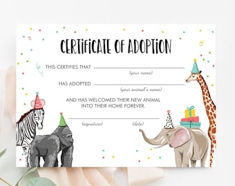 Adopt an Animal Adoption Certificate Safari Adoption Wild One Birthday Party Animals Birthday Instant Download Digital PRINTABLE 0142