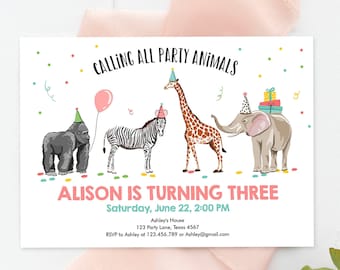 Bearbeitbare Party Tiere Geburtstagseinladung Wild One Tiere Einladung Zoo Safari Tiere Mädchen Download Druckbare Einladen Vorlage Corjl 0142