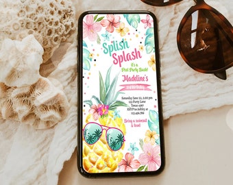 Editable Hawaiian Luau Birthday Evite Pineapple Birthday Party Pool Party Pink Girl Electronic Phone Download Corjl Template Printable 0391