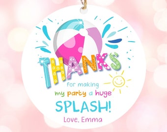 Editable Pool Party Thank You Tags Splish Splash Birthday Bash Girl Pink Favor Tag Label Round Square Sticker Corjl Template Printable 0169