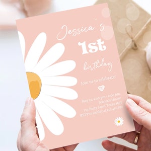 Bearbeitbare Gänseblümchen-Geburtstagsfeier-Einladung 1. Geburtstag Eine Party Boho Mädchen Boho Rosa Erste Digitaler Download Evite Vorlage Printable 0410