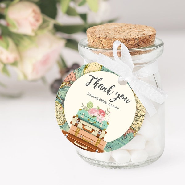 Editable Travel Favor Tags Travel Adventure Bridal Shower Round Square Suitcases Labels Stickers Map Download Corjl Template Printable 0044