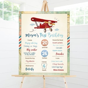 Avión editable con hitos de cumpleaños, letrero de avión, cielo, primer cumpleaños de niño, primer avión rojo vintage, plantilla de mapa del mundo imprimible, Corjl 0011