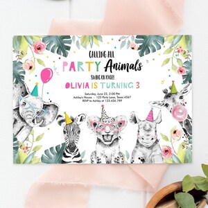 Convite de Aniversário Editável com Tema de Animais Selvagens - Convite para Menina com Tema de Zoológico e Safari - Modelo Digital para Download e Impressão (0322)