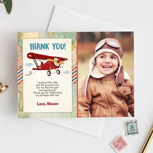 Carte de remerciement modifiable en avion, anniversaire, aventure, voyage, remerciement, invitation baby shower, téléchargement avion rouge, modèle 0011