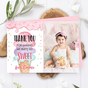 Carte de remerciement modifiable crème glacée anniversaire Merci Note fille anniversaire été Télécharger modèle imprimable Corjl numérique 0243