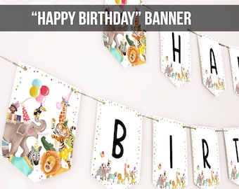 Safari Animals Happy Birthday Banner Party Animals Wild One Birthday Zoo Decorations Boy Girl Jungle Instant Digital Download Printable 0482