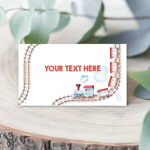 Editable Train Food Labels Train Place Card Tent Card Buffet Card Train Birthday Boy Red Blue Vintage Train Decor Chugga Corjl Template 0149