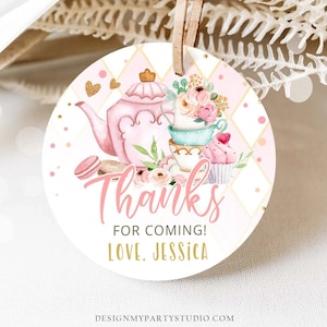 Editable Tea Party Favor Tag Sticker Baby Shower Baby is Brewing Floral Pink Gold Tea for Two Partea Par-tea Template Corjl Printable 0349