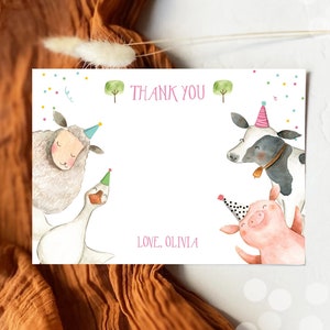 Carte de remerciement modifiable avec les animaux de la ferme Vichy rose ferme anniversaire fille carte de remerciement de basse-cour confettis d'anniversaire téléchargement immédiat Corjl 0155