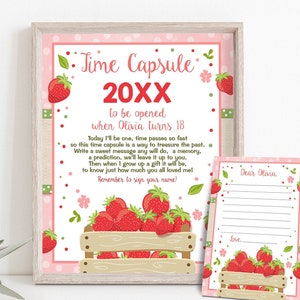 Editable Time Capsule Strawberry First Birthday Party Strawberry Decor Farmers Market Party Fruit Girl Pink Digital Template Printable 0091