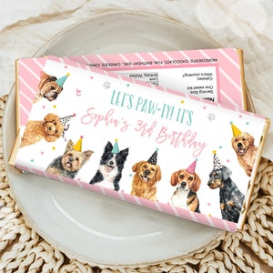 Envoltorio editable para barra de chocolate con forma de perro, etiqueta para barra de chocolate para fiesta de cumpleaños de perro, cachorrita, fiesta de cachorros, plantilla digital para descargar e imprimir 0384