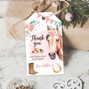 Bearbeitbares Cowgirl Favor Tag Mädchen Pferd Pony Geburtstagsparty Danke Geschenkanhänger Aquarell Sattel Digital Download Vorlage Printable 0398
