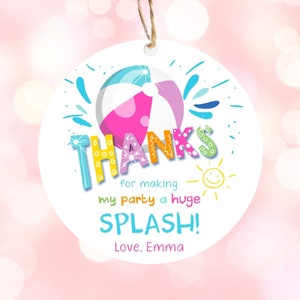 Bearbeitbare Pool Party Danke Tags Splish Splash Geburtstag Bash Girl Pink Favor Tag Label Runder quadratischer Aufkleber Corjl Template Printable 0169