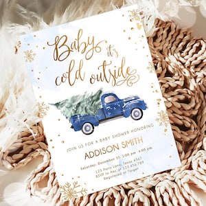 Editable Baby Its Cold Outside Baby Shower Invitation Winter Truck Blue Boy Baby Shower Gold Watercolor Tree Digital Template Printable 0495
