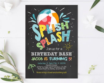 Editable Splish Splash Birthday Invitation Pool Party Boy Beach Ball Blue Birthday Bash Download Printable Invite Template Corjl 0169