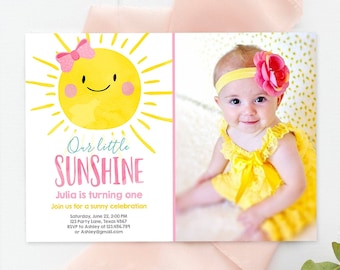 Editable Sunshine Birthday Party Invitation Summer Sunshine Party 1st Birthday Invite Pink Girl Bow Printable Invite Template Corjl 0141