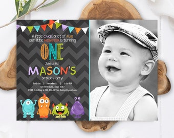 Editable Little Monster Birthday Invitation First Birthday Party Monsters Boy Confetti 1st Chalk Chevron Photo Printable Corjl Template 0058