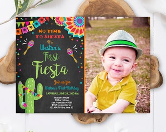 Editable First Fiesta Birthday Invitation Let's Fiesta No Time To Siesta Cactus Mexican Boy Samba Download Printable Corjl Template 0045