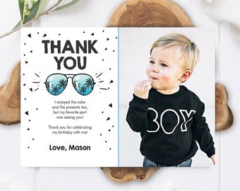 Editable Thank You Card Two Cool Birthday Boy Sunglasses Palm Second Birthday Party Note 2nd White Photo Corjl Template Printable 0136