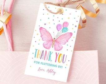 Editable Butterfly Favor Tag Birthday Favors Thank You Fluttering By Girl Pink Balloons Confetti Gold Gift Corjl Template Printable 0162