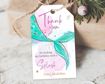 Editable Mermaid Birthday Favor Tags Under The Sea Thank you tags Mermaid Party Girl Blush Pink Gold Download Template Corjl PRINTABLE 0403