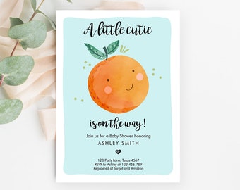 Editable A Little Cutie is on The Way Baby Shower Invitation Clementine Orange Coed Shower Boy Blue Download Printable Corjl Template 0330