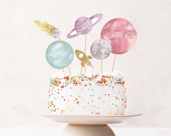 Topo de bolo espacial para impressão, centro de mesa espacial, festa de aniversário espacial, decoração de mesa de galáxia, menina, foguete rosa, planetas, aquarela, faça você mesmo, digital 0357