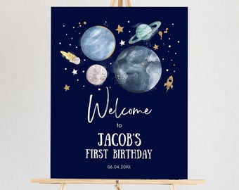 Editable Outer Space Birthday Welcome Sign 1st Birthday Boy Galaxy Planets Trip Around the Sun Astronaut Template PRINTABLE Corjl 0357